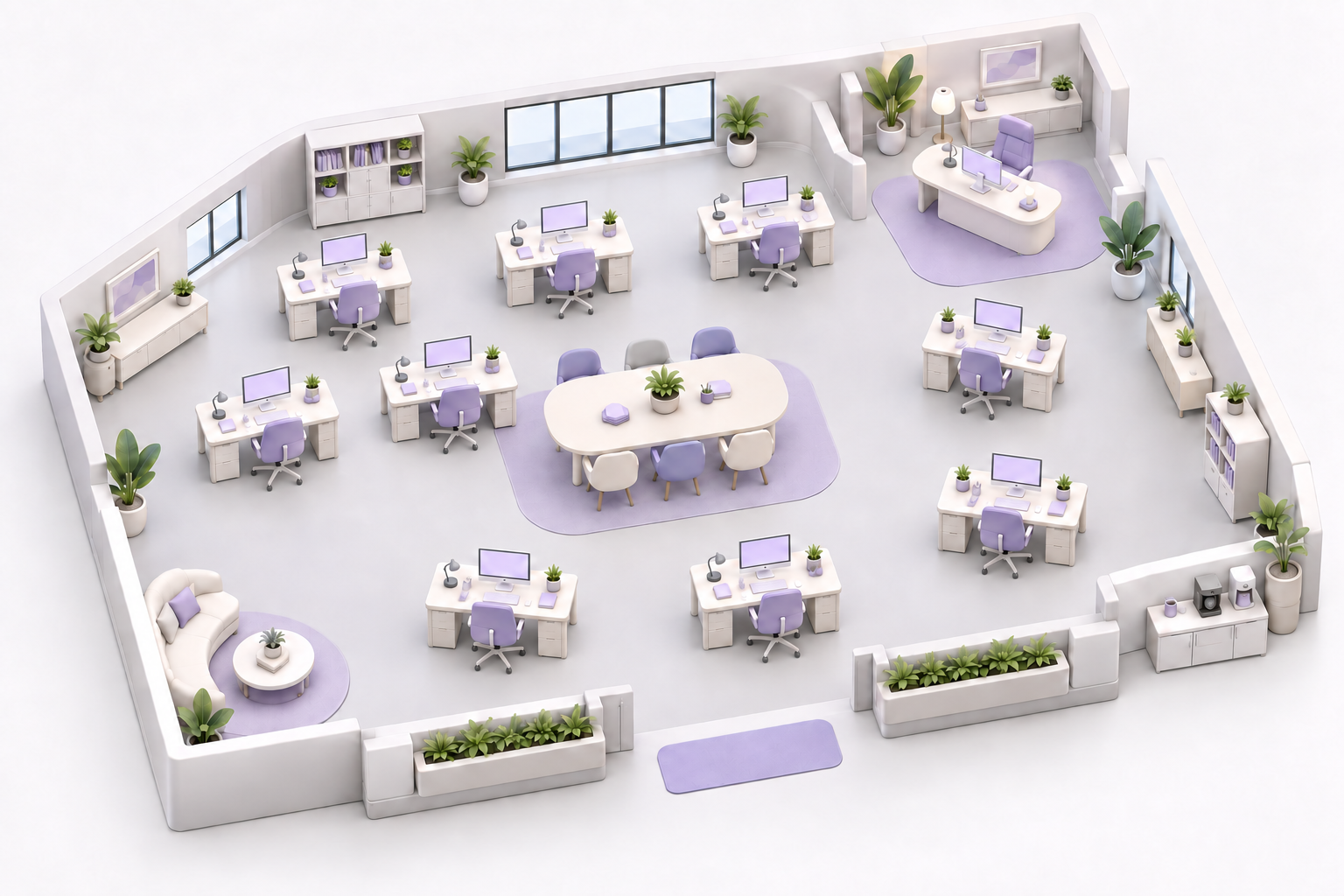 A shared studio with nine workstations and a director’s desk